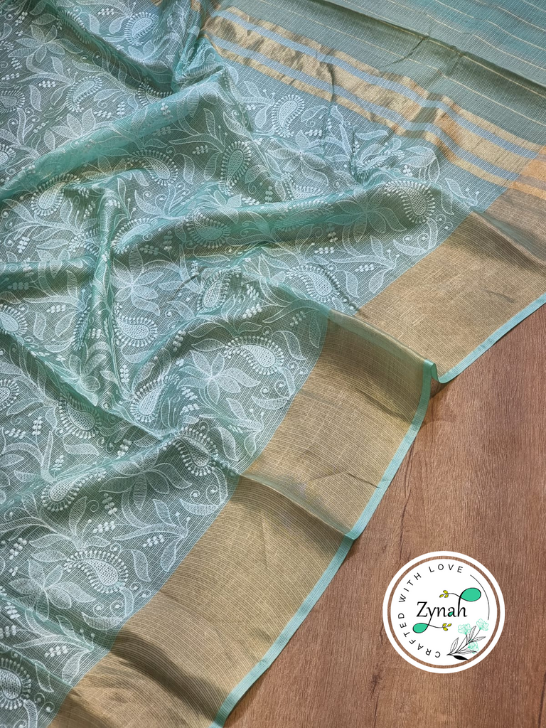 Zynah Teal Color Pure Tussar Kota Silk Saree with Heavy Chikankari Embroidery With Double Ghiccha Pallu and Heavy Tassels; Custom Stitched/Ready-made Blouse, Fall, Petticoat; Shipping available USA, Worldwide