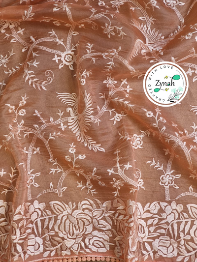 Zynah Orange Color Pure Organza Silk Saree with Parsi Gara Inspired Embroidery & Crochet Lace; Custom Stitched/Ready-made Blouse, Fall, Petticoat; Shipping available USA, Worldwide