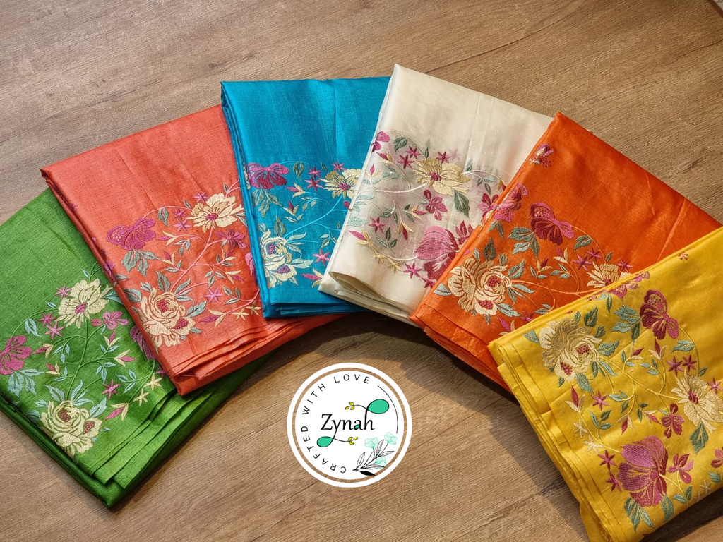 Zynah Orange Color Pure Tussar Silk Embroidered Saree with Vibrant Tassels; Custom Stitched/Ready-made Blouse, Fall, Petticoat; Shipping available USA, Worldwide