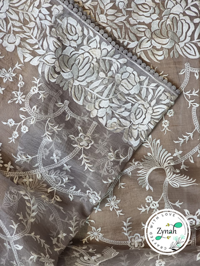 Zynah Gray Color Pure Organza Silk Saree with Parsi Gara Inspired Embroidery & Crochet Lace; Custom Stitched/Ready-made Blouse, Fall, Petticoat; Shipping available USA, Worldwide Zynah Gray Color Pure Organza Silk Saree with Parsi Gara Inspired Embroidery & Crochet Lace; Custom Stitched/Ready-made Blouse, Fall, Petticoat; Shipping available USA, Worldwide