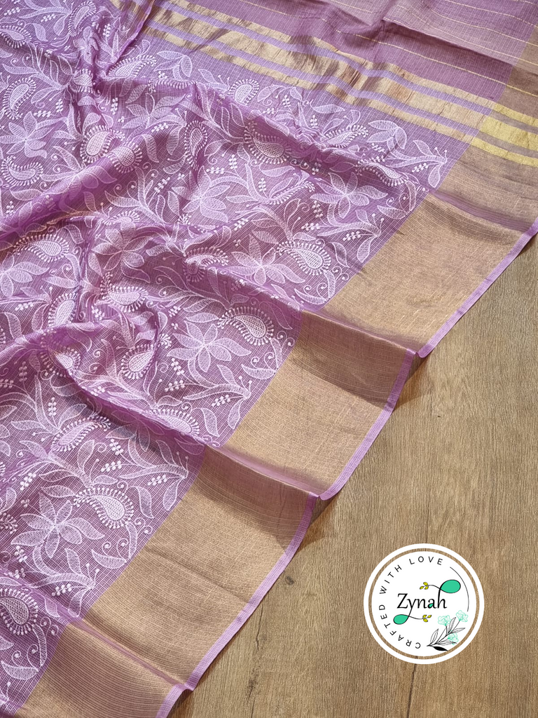 Zynah Violet Color Pure Tussar Kota Silk Saree with Heavy Chikankari Embroidery With Double Ghiccha Pallu and Heavy Tassels; Custom Stitched/Ready-made Blouse, Fall, Petticoat; Shipping available USA, Worldwide