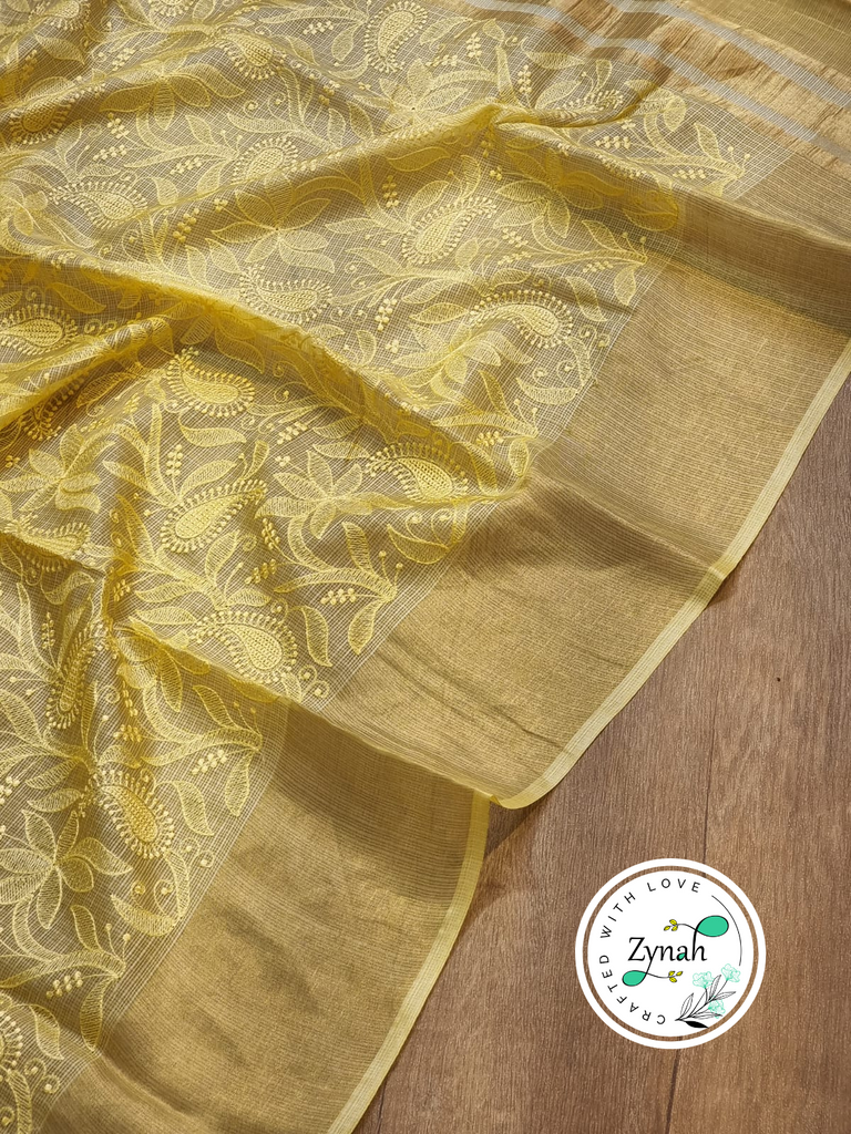 Zynah Yellow Color Pure Tussar Kota Silk Saree with Heavy Chikankari Embroidery With Double Ghiccha Pallu and Heavy Tassels; Custom Stitched/Ready-made Blouse, Fall, Petticoat; Shipping available USA, Worldwide