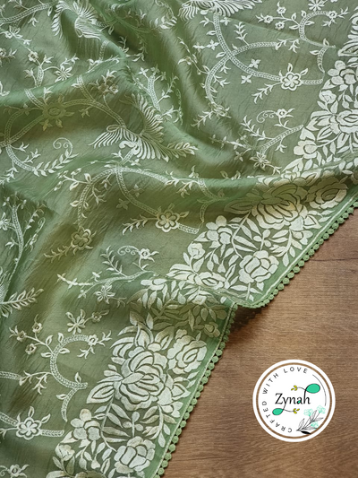 Zynah Teal Color Pure Organza Silk Saree with Parsi Gara Inspired Embroidery & Crochet Lace; Custom Stitched/Ready-made Blouse, Fall, Petticoat; Shipping available USA, Worldwide