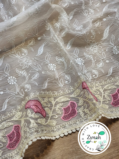 Zynah Off-White Color Pure Organza Silk Chikankari  Embroidery Saree with Crochet Lace  in Pastel Shades; Available in many colors; stitched readymade blouse,fall,petticoat,available in USA