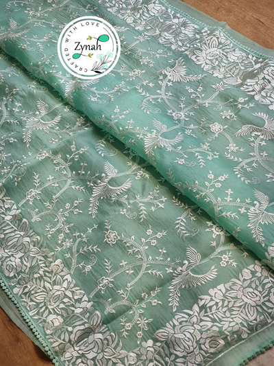 Zynah Teal Color Pure Organza Silk Saree with Parsi Gara Inspired Embroidery & Crochet Lace; Custom Stitched/Ready-made Blouse, Fall, Petticoat; Shipping available USA, Worldwide