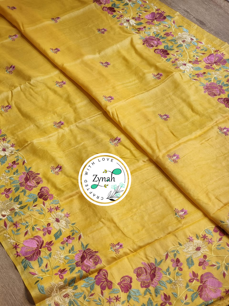 Zynah Yellow Color Pure Tussar Silk Embroidered Saree with Vibrant Tassels; Custom Stitched/Ready-made Blouse, Fall, Petticoat; Shipping available USA, Worldwide