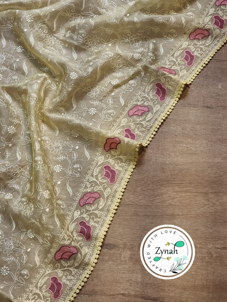 Zynah Yellow Color Pure Organza Silk Chikankari  Embroidery Saree with Crochet Lace  in Pastel Shades; Available in many colors; stitched readymade blouse,fall,petticoat,available in USA