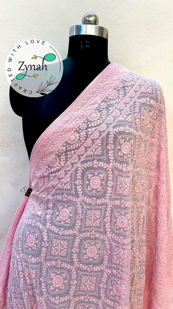 Zynah Pure Georgette Chikankari Saree with Sequence work; Custom Stitched/Ready-made Blouse, Fall, Petticoat; Shipping available USA, Worldwide