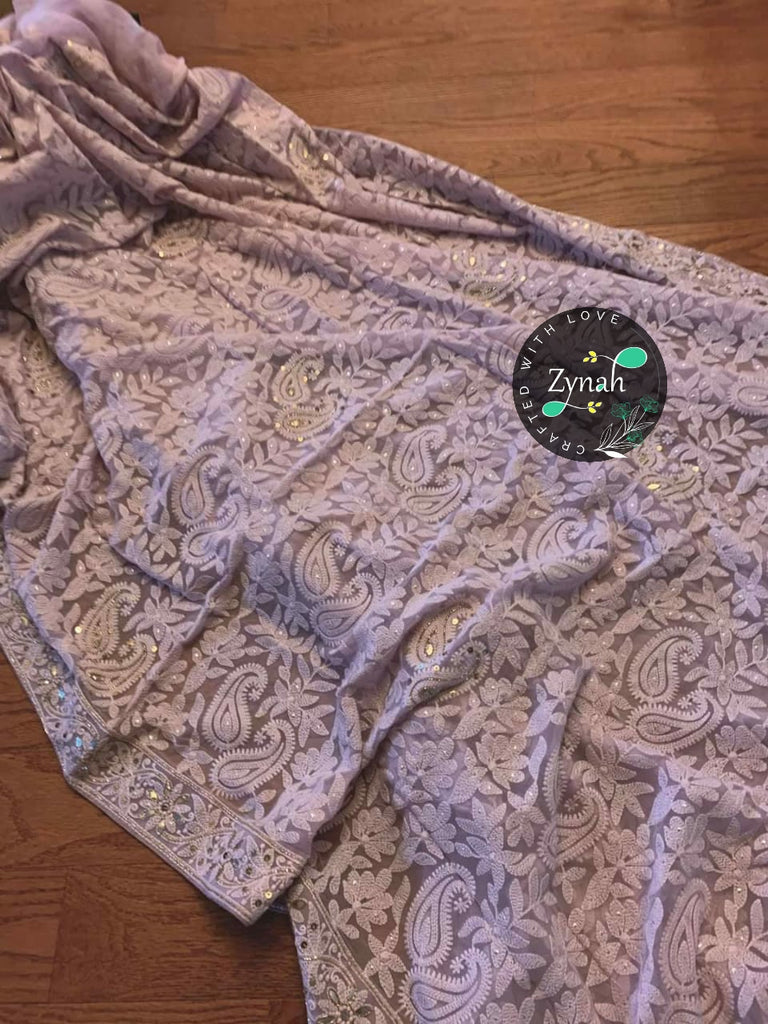 Zynah Pure Georgette Saree, Chikankari with Gotapatti Cut-work; Custom Stitched/Ready-made Blouse, Fall, Petticoat; Shipping available USA, Worldwide