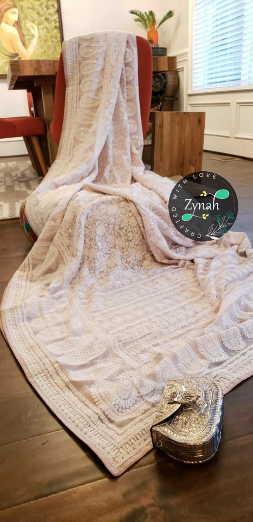 Zynah Pure Georgette Chikankari Saree with Sequence Work; Custom Stitched/Ready-made Blouse, Fall, Petticoat; Shipping available USA, Worldwide