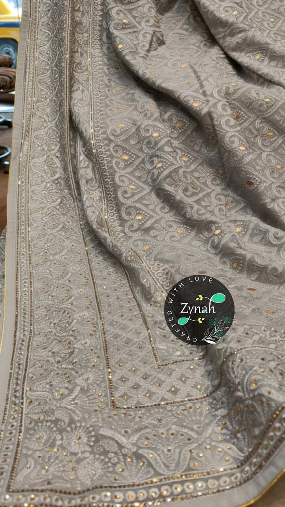 Zynah Pure Georgette Saree with Chikankari & Gotapatti Cut-work; Custom Stitched/Ready-made Blouse, Fall, Petticoat; Shipping available USA, Worldwide