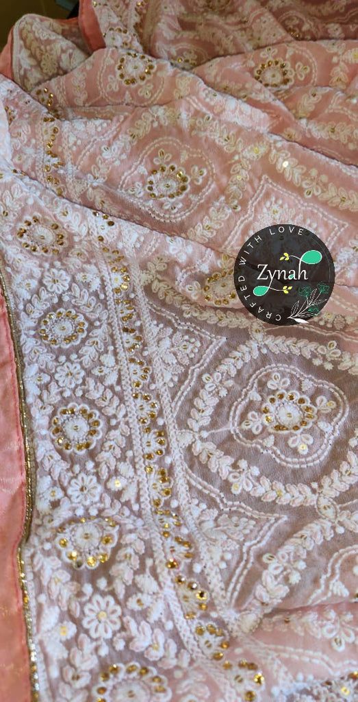 Zynah Pure Georgette Chikankari Saree with Sequence work; Custom Stitched/Ready-made Blouse, Fall, Petticoat; Shipping available USA, Worldwide