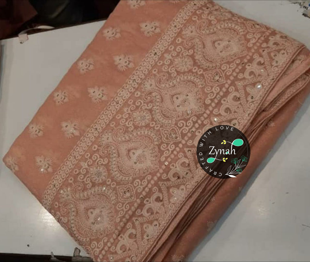 Zynah Pure Georgette Saree with Chikankari & Sequence work; Custom Stitched/Ready-made Blouse, Fall, Petticoat; Shipping available USA, Worldwide