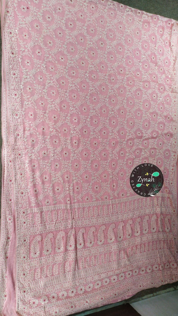 Zynah Pure Georgette Chikankari Saree with Sequence work; Custom Stitched/Ready-made Blouse, Fall, Petticoat; Shipping available USA, Worldwide