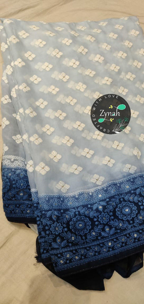 Zynah Pure Georgette Double-shaded Chikankari Saree with Sequence work; Custom Stitched/Ready-made Blouse, Fall, Petticoat; Shipping available USA, Worldwide