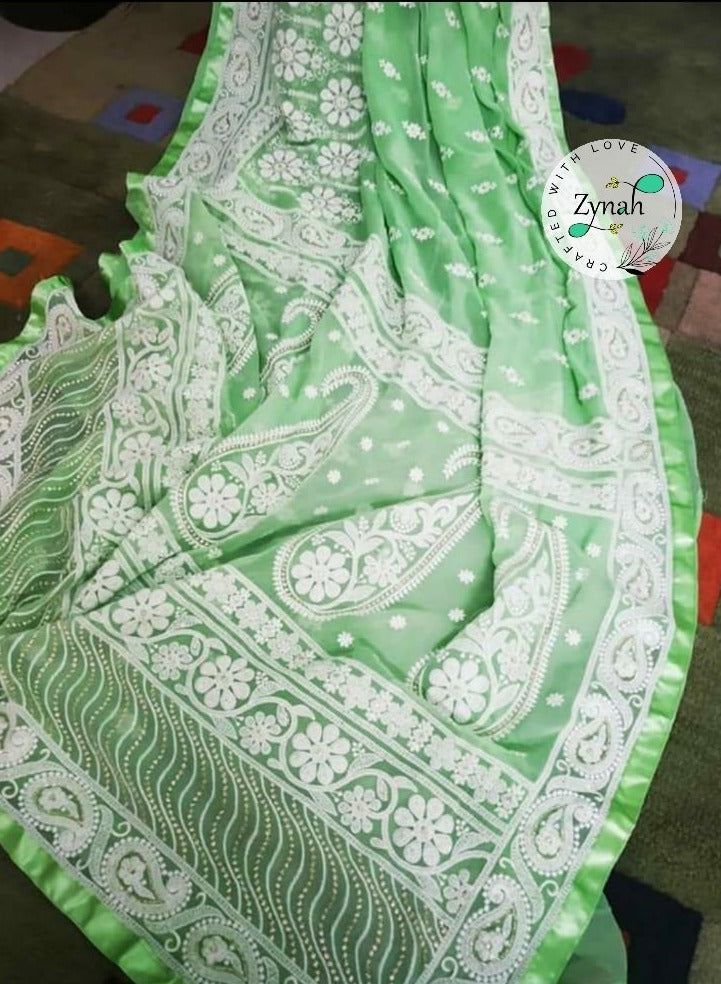 Zynah Pure Georgette Chikankari Saree with Sequence work; Custom Stitched/Ready-made Blouse, Fall, Petticoat; Shipping available USA, Worldwide