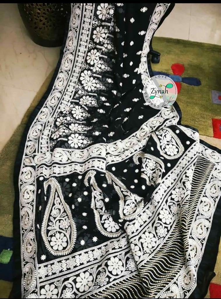 Zynah Pure Georgette Chikankari Saree with Sequence work; Custom Stitched/Ready-made Blouse, Fall, Petticoat; Shipping available USA, Worldwide