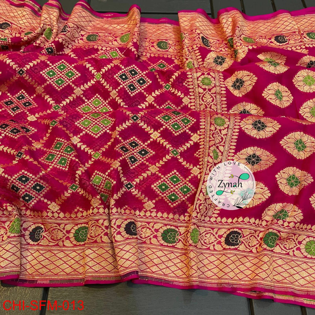 Zynah Pure Khaddi Georgette Meenakari Saree with Golden Zari Weave; Custom Stitched/Ready-made Blouse, Fall, Petticoat; Shipping available USA, Worldwide