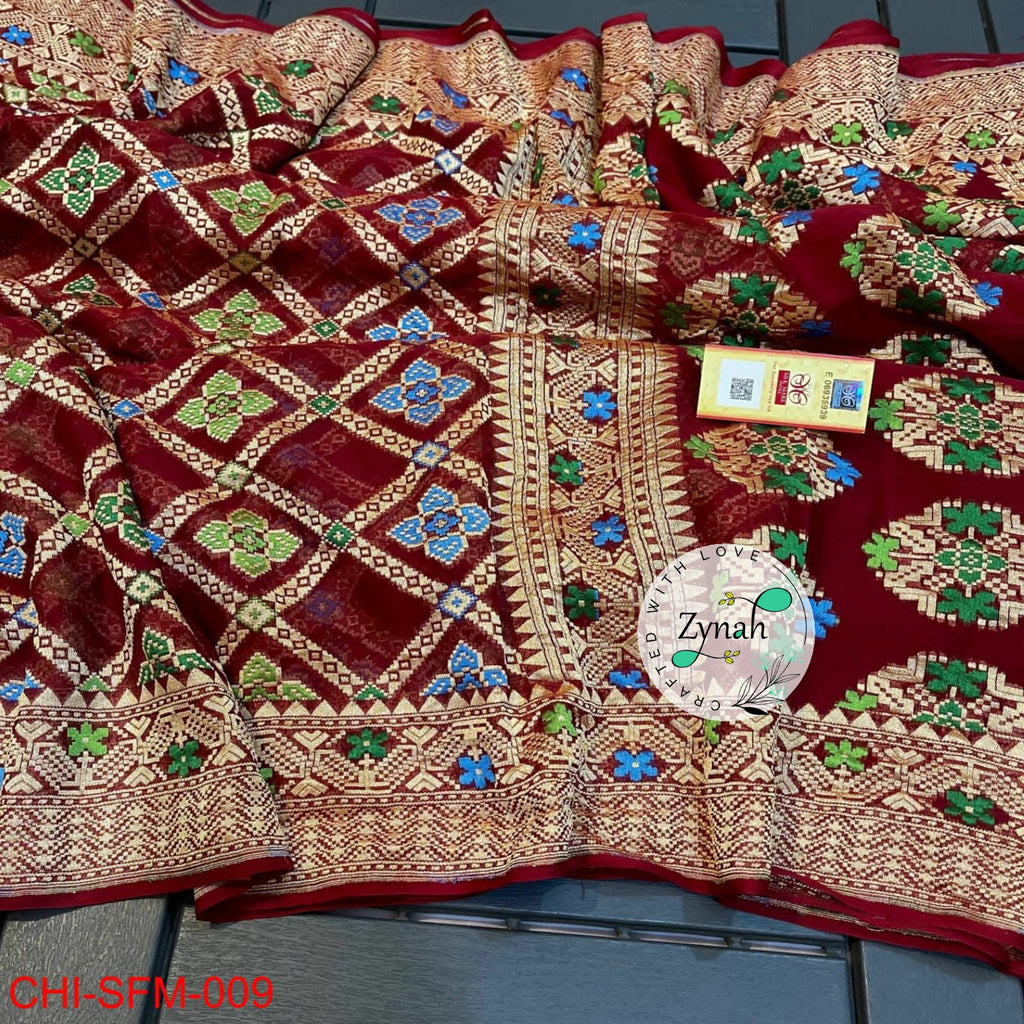 Zynah Pure Khaddi Georgette Meenakari Saree with Golden Zari Weave; Custom Stitched/Ready-made Blouse, Fall, Petticoat; Shipping available USA, Worldwide