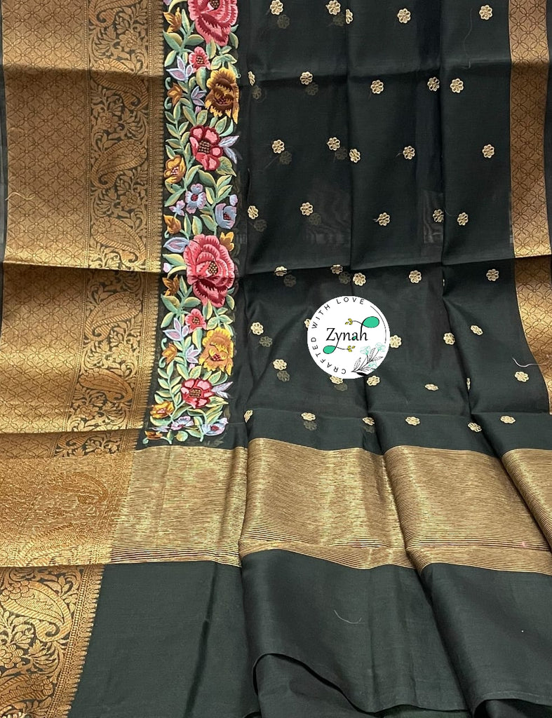 Zynah Pure Chanderi Silk Saree with Thread Embroidery, Zari Weave border & Tissue Blouse piece; Custom Stitched/Ready-made Blouse, Fall, Petticoat; Shipping available USA, Worldwide