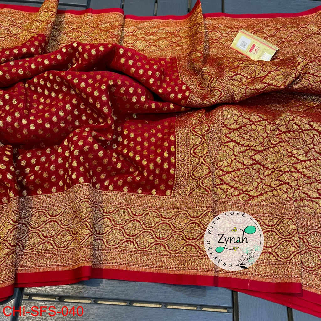 Zynah Pure Khaddi Georgette Saree with Golden Zari Weave; Custom Stitched/Ready-made Blouse, Fall, Petticoat; Shipping available USA, Worldwide