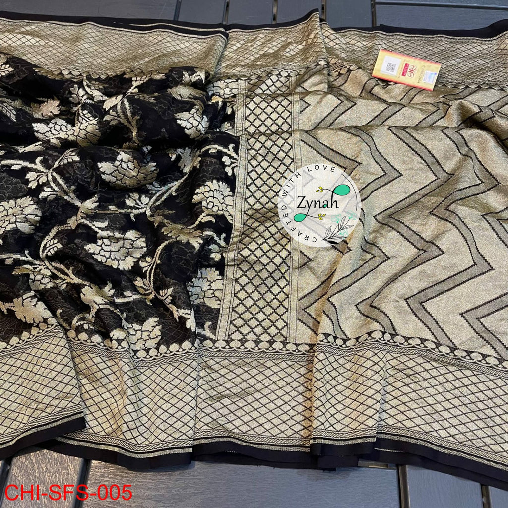 Zynah Pure Khaddi Georgette Saree with Golden Zari Weave; Custom Stitched/Ready-made Blouse, Fall, Petticoat; Shipping available USA, Worldwide