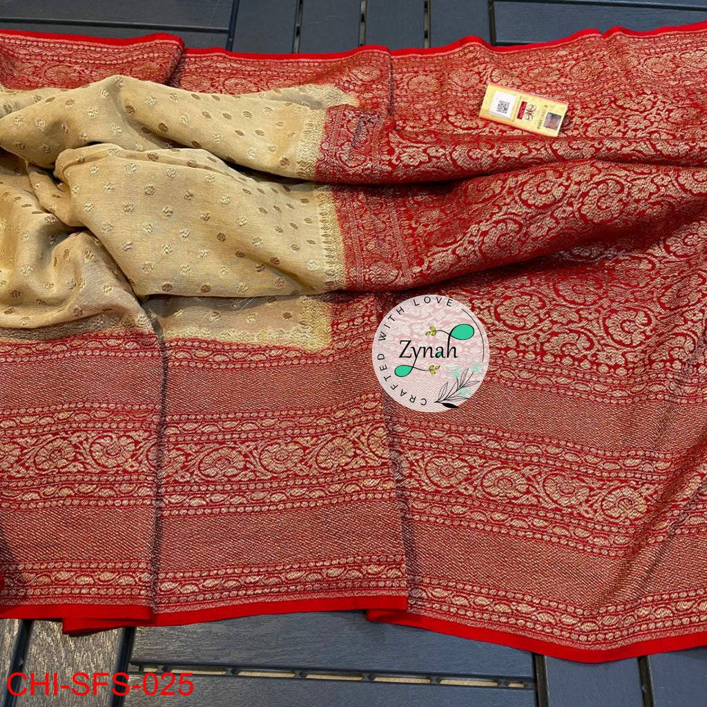 Zynah Pure Khaddi Georgette Saree with Golden Zari; Custom Stitched/Ready-made Blouse, Fall, Petticoat; Shipping available USA, Worldwide