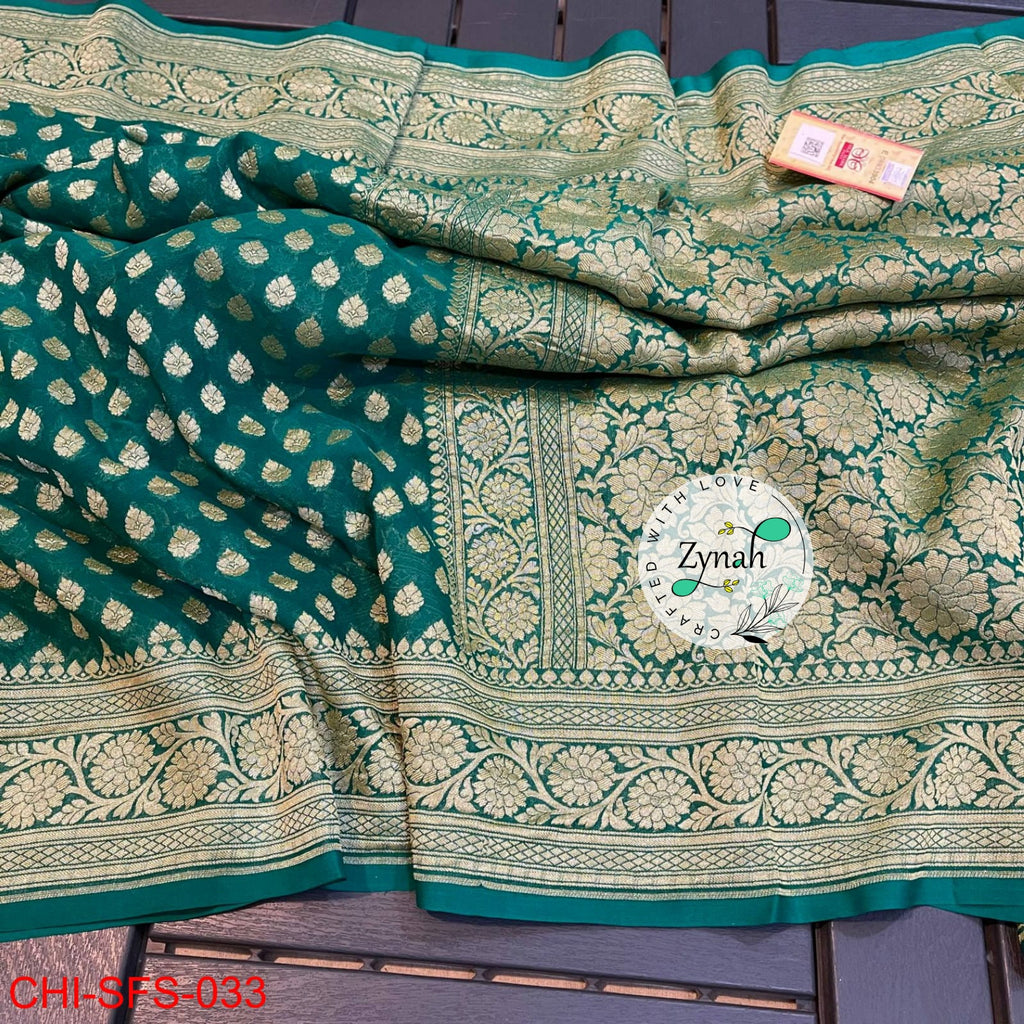 Zynah Pure Khaddi Georgette Saree with Golden Zari Weave; Custom Stitched/Ready-made Blouse, Fall, Petticoat; Shipping available USA, Worldwide