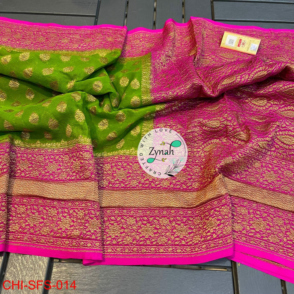 Zynah Pure Khaddi Georgette Saree with Golden Zari; Custom Stitched/Ready-made Blouse, Fall, Petticoat; Shipping available USA, Worldwide