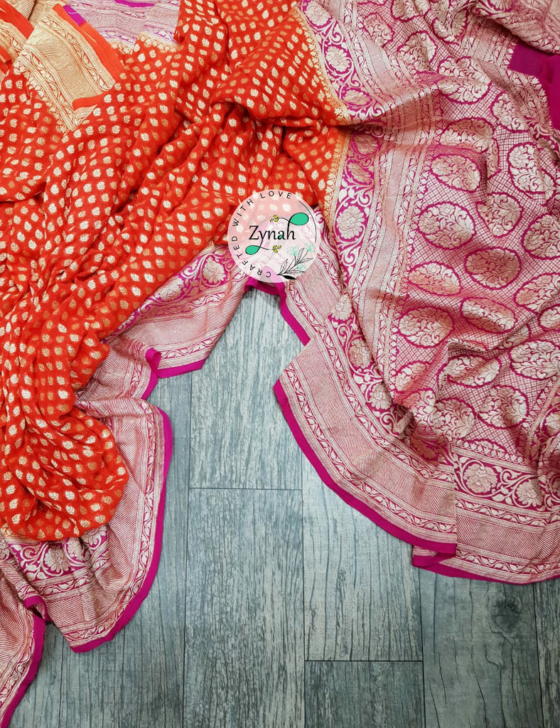 Zynah Pure Khaddi Georgette Saree with Golden Zari Weave; Custom Stitched/Ready-made Blouse, Fall, Petticoat; Shipping available USA, Worldwide