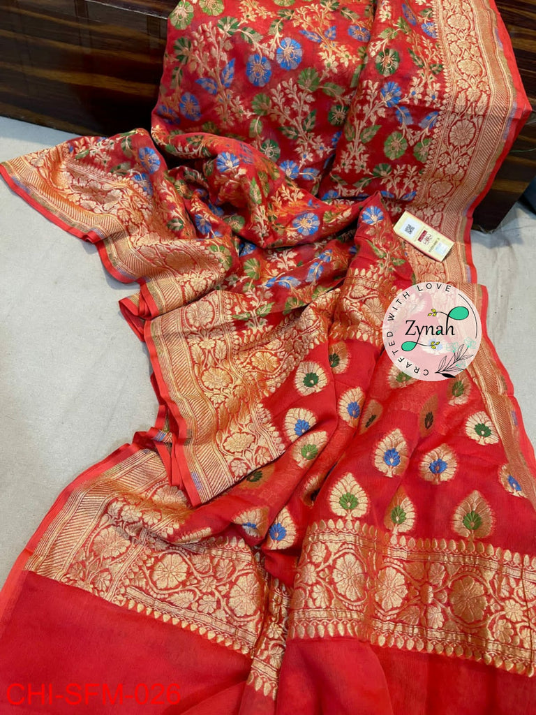 Zynah Pure Khaddi Georgette Meenakari Saree with Golden Zari Weave; Custom Stitched/Ready-made Blouse, Fall, Petticoat; Shipping available USA, Worldwide