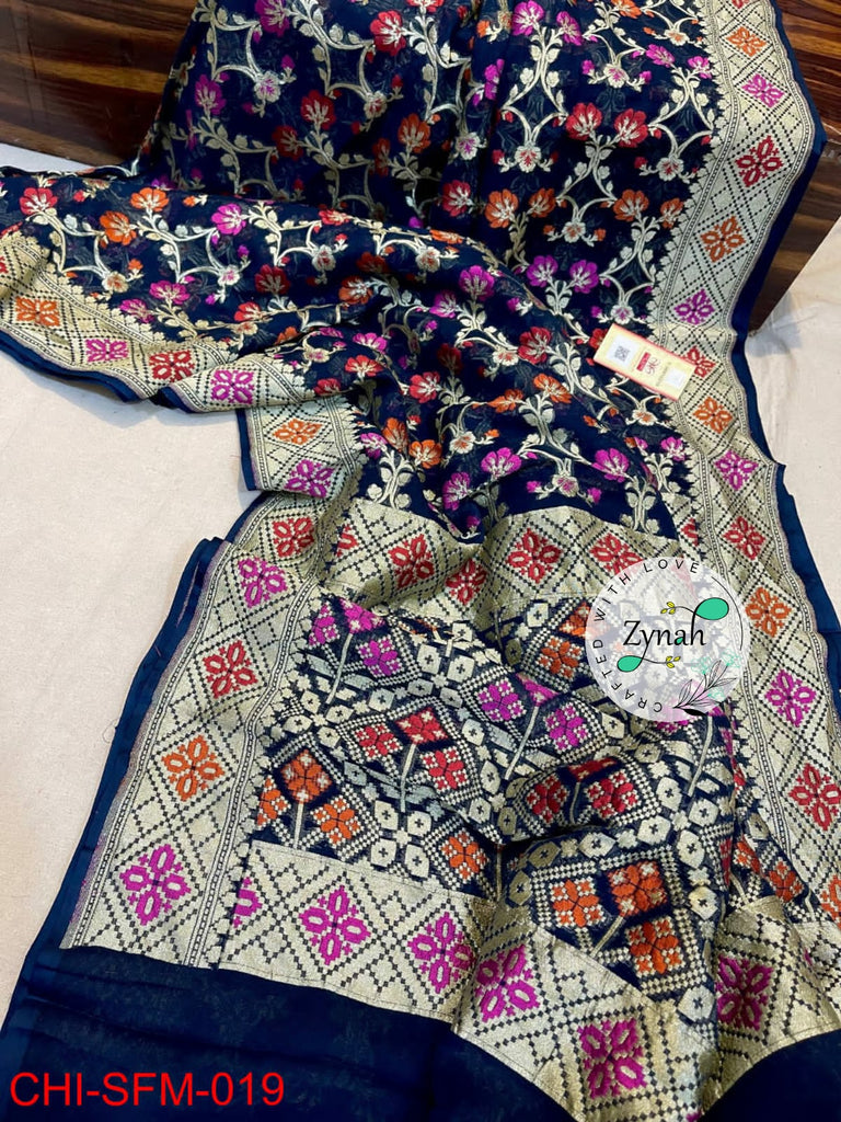 Zynah Pure Khaddi Georgette Meenakari Saree with Golden Zari Weave; Custom Stitched/Ready-made Blouse, Fall, Petticoat; Shipping available USA, Worldwide