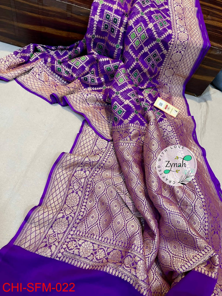 Zynah Pure Khaddi Georgette Meenakari Saree with Golden Zari Weave; Custom Stitched/Ready-made Blouse, Fall, Petticoat; Shipping available USA, Worldwide