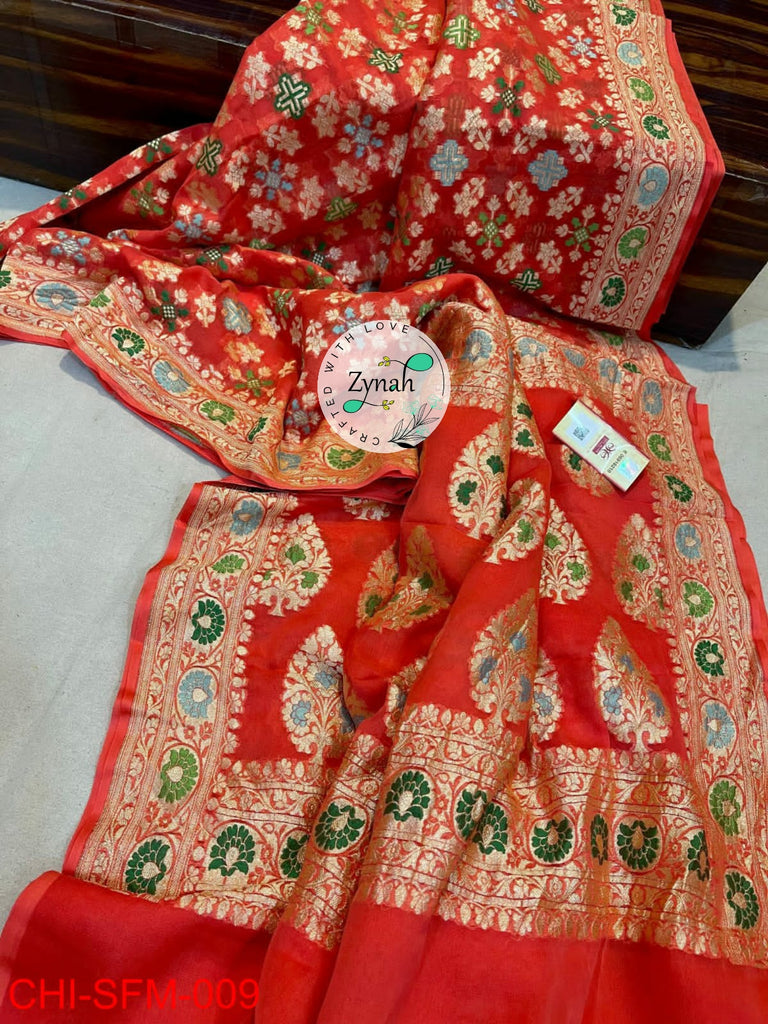 Zynah Pure Khaddi Georgette Meenakari Saree with Golden Zari Weave; Custom Stitched/Ready-made Blouse, Fall, Petticoat; Shipping available USA, Worldwide