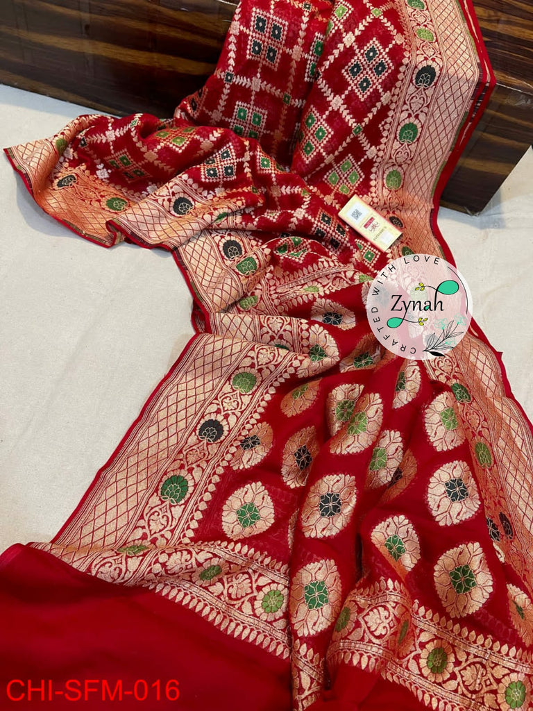 Zynah Pure Khaddi Georgette Meenakari Saree with Golden Zari Weave; Custom Stitched/Ready-made Blouse, Fall, Petticoat; Shipping available USA, Worldwide