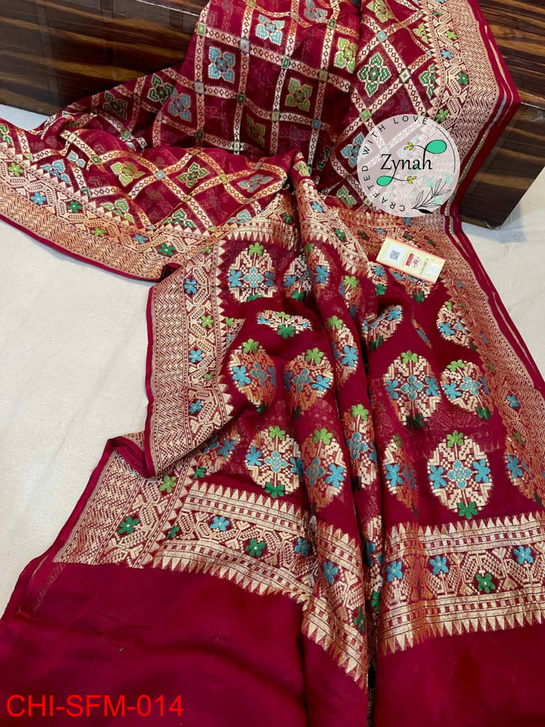 Zynah Pure Khaddi Georgette Meenakari Saree with Golden Zari Weave; Custom Stitched/Ready-made Blouse, Fall, Petticoat; Shipping available USA, Worldwide