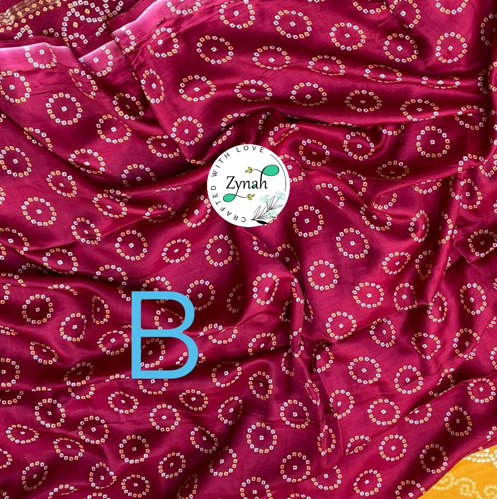 Zynah Pure Gajji Silk Bandhani Saree with Tissue Zari Pallu; Custom Stitched/Ready-made Blouse, Fall, Petticoat; Shipping available USA, Worldwide