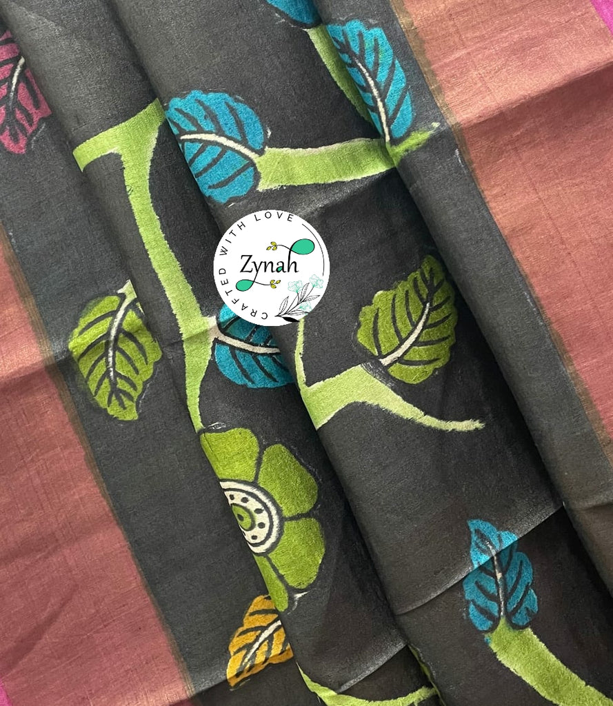 Zynah Pure Tussar Silk Hand-painted Kalamkari Saree; Custom Stitched/Ready-made Blouse, Fall, Petticoat; Shipping available USA, Worldwide