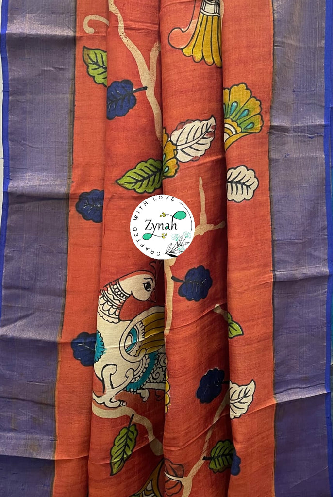 Zynah Pure Tussar Silk Hand-painted Kalamkari Saree; Custom Stitched/Ready-made Blouse, Fall, Petticoat; Shipping available USA, Worldwide