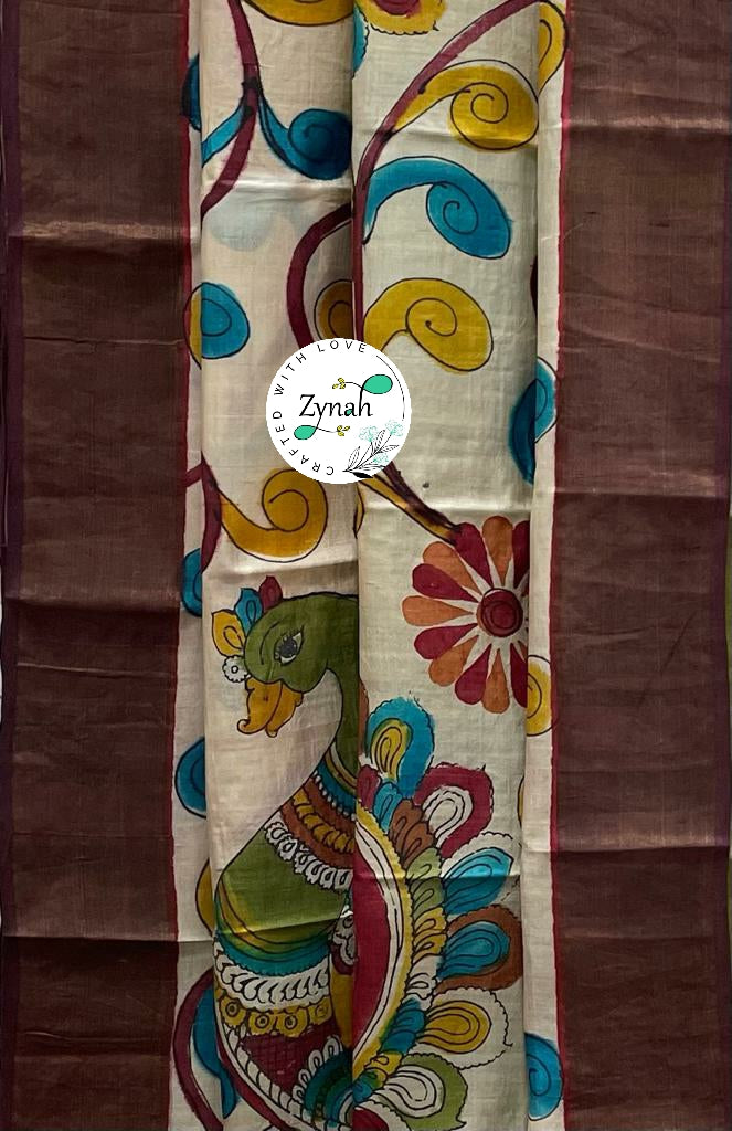 Zynah Pure Tussar Silk Hand-painted Kalamkari Saree; Custom Stitched/Ready-made Blouse, Fall, Petticoat; Shipping available USA, Worldwide