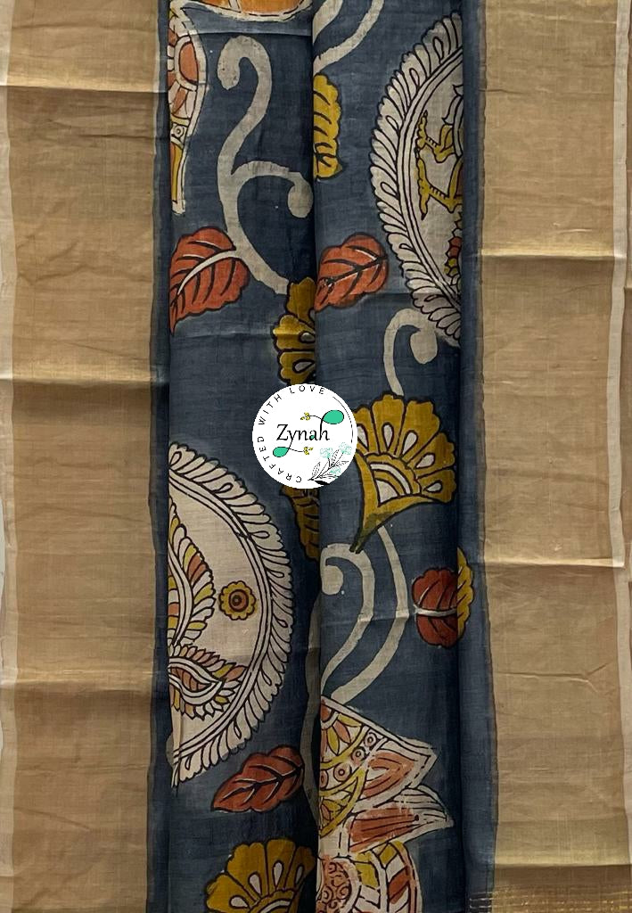 Zynah Pure Tussar Silk Hand-painted Kalamkari Saree; Custom Stitched/Ready-made Blouse, Fall, Petticoat; Shipping available USA, Worldwide