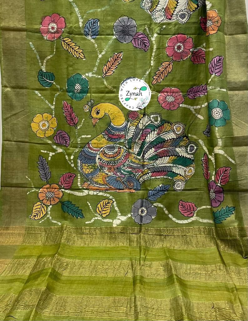 Zynah Pure Tussar Silk Hand-painted Kalamkari Saree; Custom Stitched/Ready-made Blouse, Fall, Petticoat; Shipping available USA, Worldwide