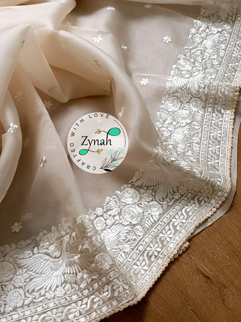 Zynah Pure Organza Silk Saree with Parsi Gara Embroidery & Crochet Lace; Custom Stitched/Ready-made Blouse, Fall, Petticoat; Shipping available USA, Worldwide