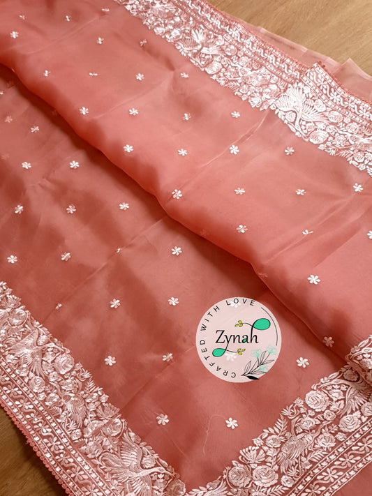 Zynah Pure Organza Silk Saree with Parsi Gara Embroidery & Crochet Lace; Custom Stitched/Ready-made Blouse, Fall, Petticoat; Shipping available USA, Worldwide