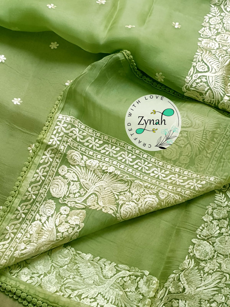 Zynah Pure Organza Silk Saree with Parsi Gara Embroidery & Crochet Lace; Custom Stitched/Ready-made Blouse, Fall, Petticoat; Shipping available USA, Worldwide