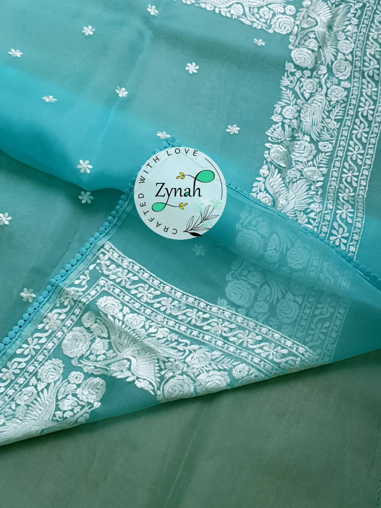 Zynah Pure Organza Silk Saree with Parsi Gara Embroidery & Crochet Lace; Custom Stitched/Ready-made Blouse, Fall, Petticoat; Shipping available USA, Worldwide