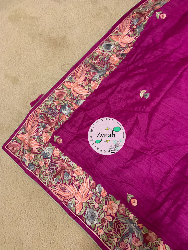 Zynah Pink Color Made to Order Pure Tussar Silk Parsi Gara Handcrafted Saree; Custom Stitched/Ready-made Blouse, Fall, Petticoat; Shipping available USA, Worldwide