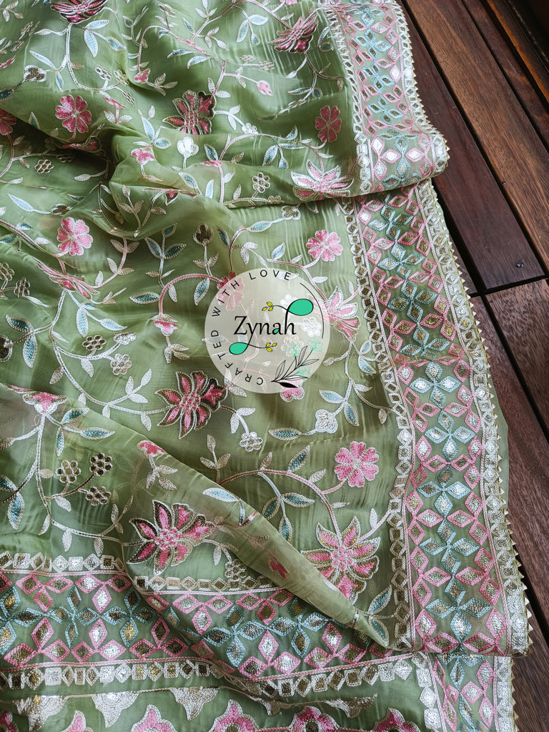 Zynah Pure Organza Silk Saree with Gotapatti Lace, Foil & Thread Embroidery Work; Custom Stitched/Ready-made Blouse, Fall, Petticoat; Shipping available USA, Worldwide