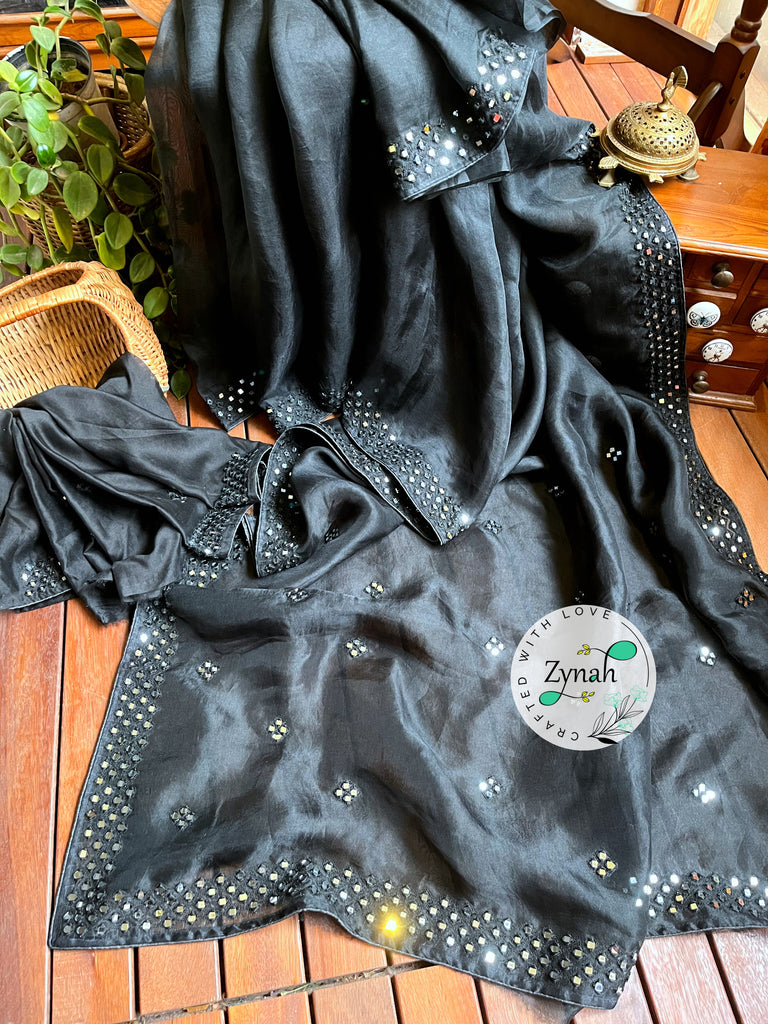 Zynah Pure Organza Silk Saree with Mirror Kutchi Work; Custom Stitched/Ready-made Blouse, Fall, Petticoat; Shipping available USA, Worldwide