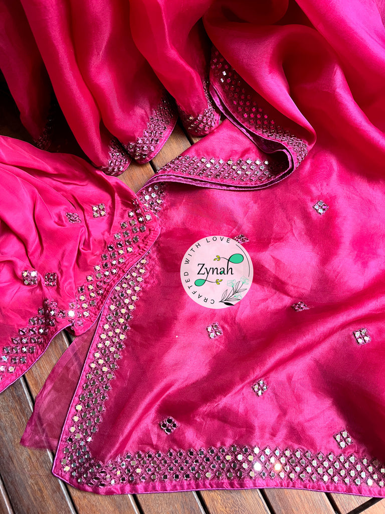 Zynah Pure Organza Silk Saree with Mirror Kutchi Work; Custom Stitched/Ready-made Blouse, Fall, Petticoat; Shipping available USA, Worldwide
